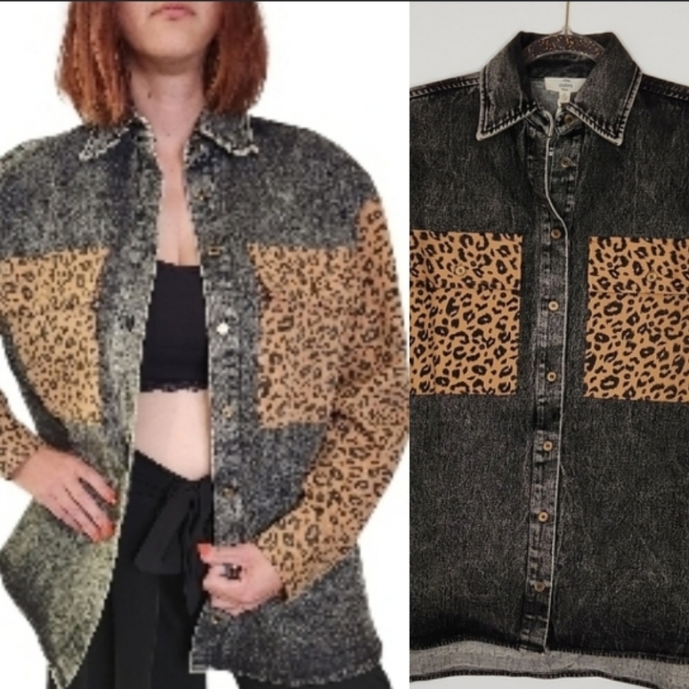 ENTRO ANTHROPOLOGIE Leopard Print Denim Jacket
